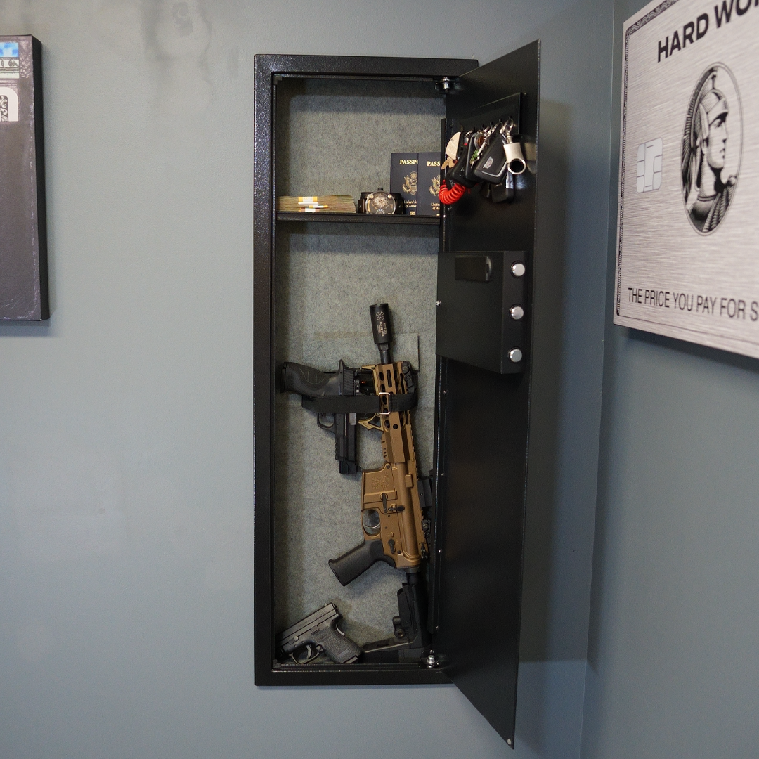 Kavey 53.15 Inch Tall Wall Safe - Hidden In-Wall Safe For Rifles, Pistols & Valuables, Electronic Lock